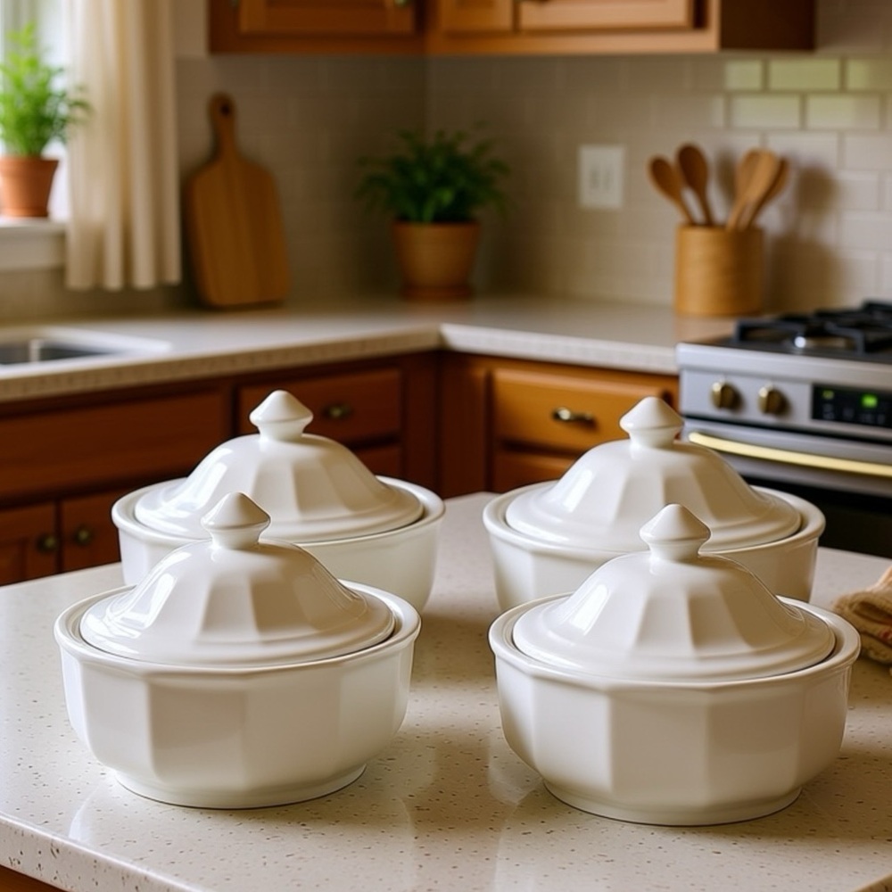 Rare HTF Vintage Pfaltzgraff Heritage White Individual Lidded Casseroles - Set 4